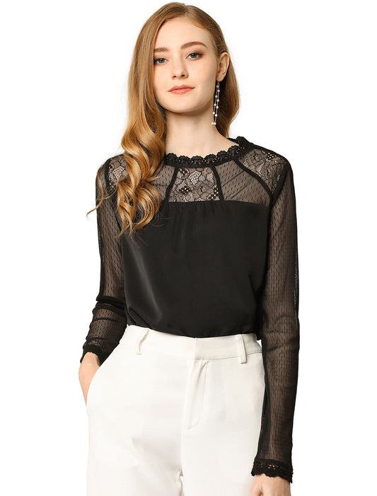 Women's Chiffon Top Elegant Sheer Mesh Lace Long Sleeve Blouse (Available in Plus Size)