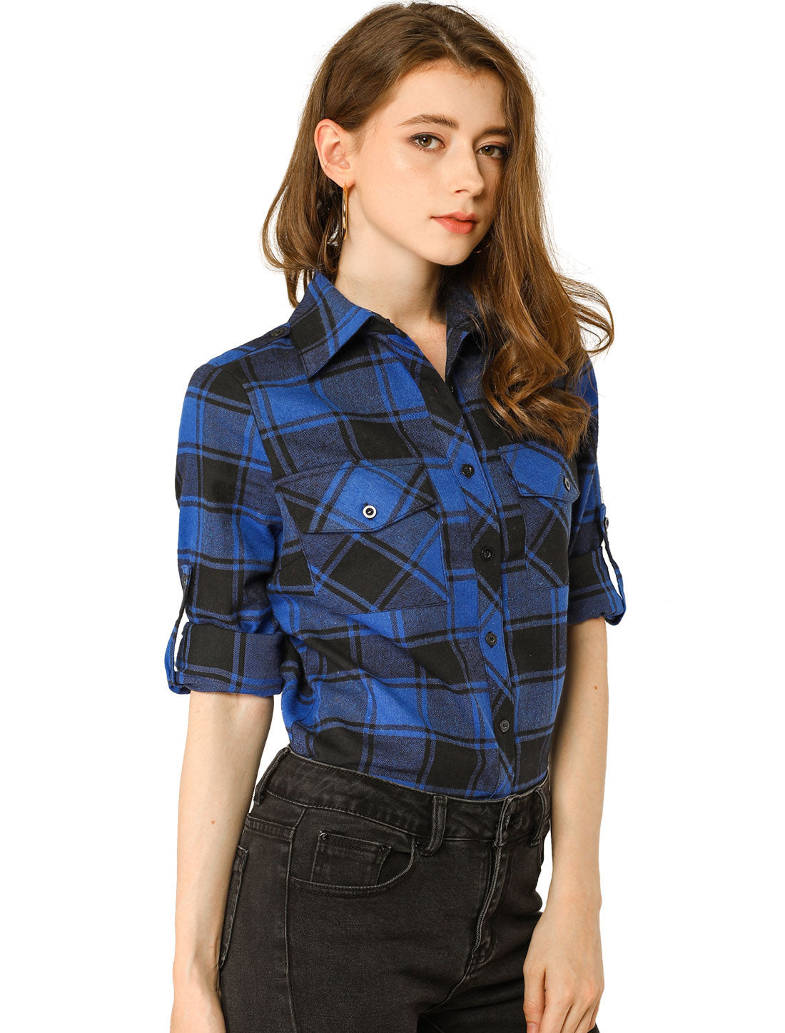 Women's Roll Up Long Sleeve Button Down Plaid Flannel Shirt
