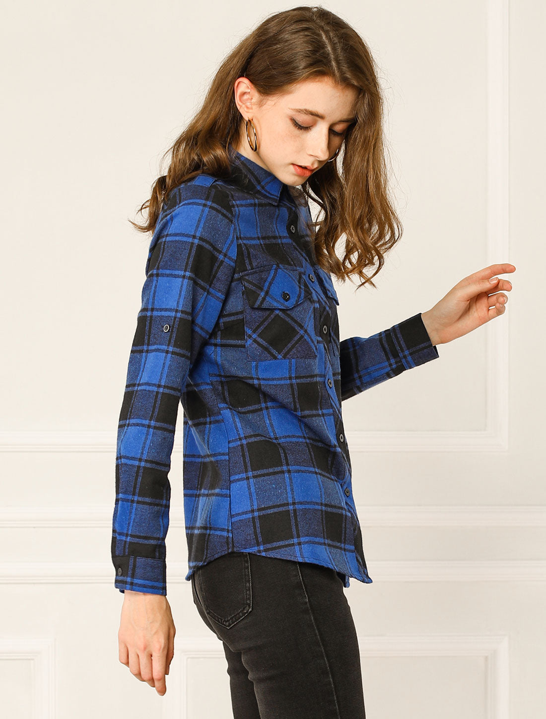 Women's Roll Up Long Sleeve Button Down Plaid Flannel Shirt