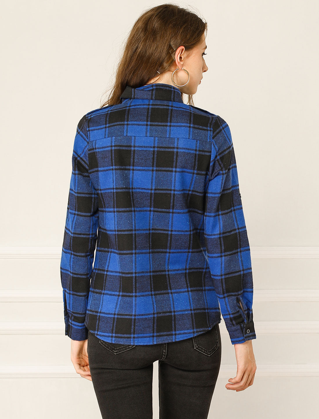 Women's Roll Up Long Sleeve Button Down Plaid Flannel Shirt