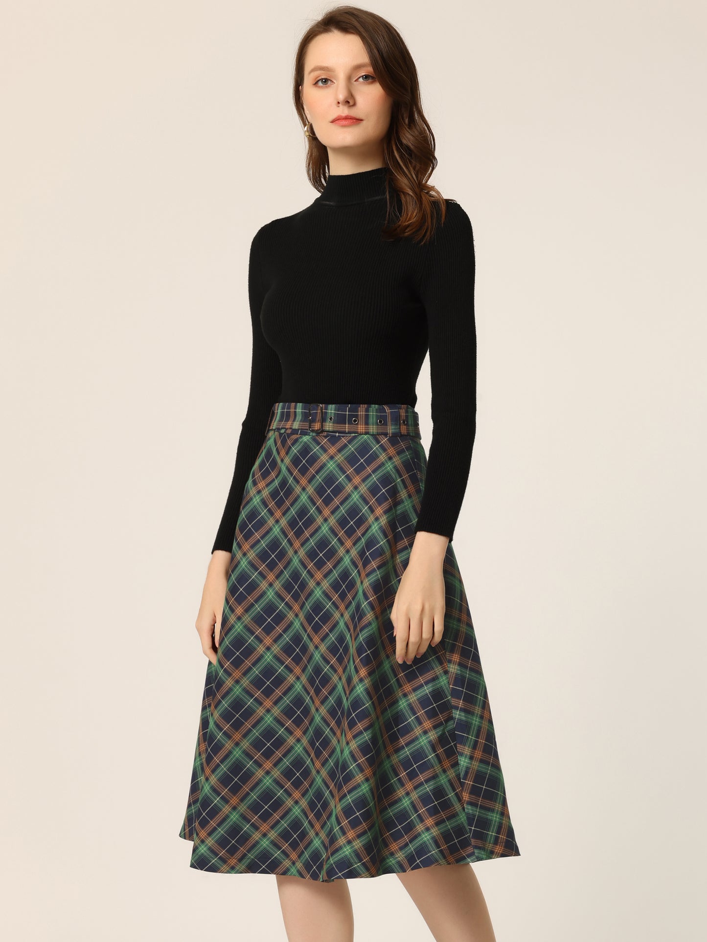 Women's Tartan Plaid High Waist Belted Vintage A-Line Midi Skirt (Available in Plus Size)