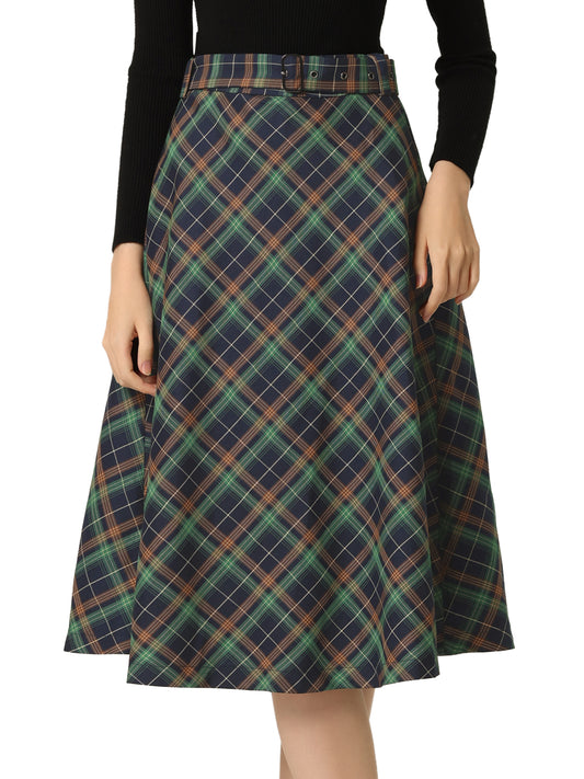 Women's Tartan Plaid High Waist Belted Vintage A-Line Midi Skirt (Available in Plus Size)