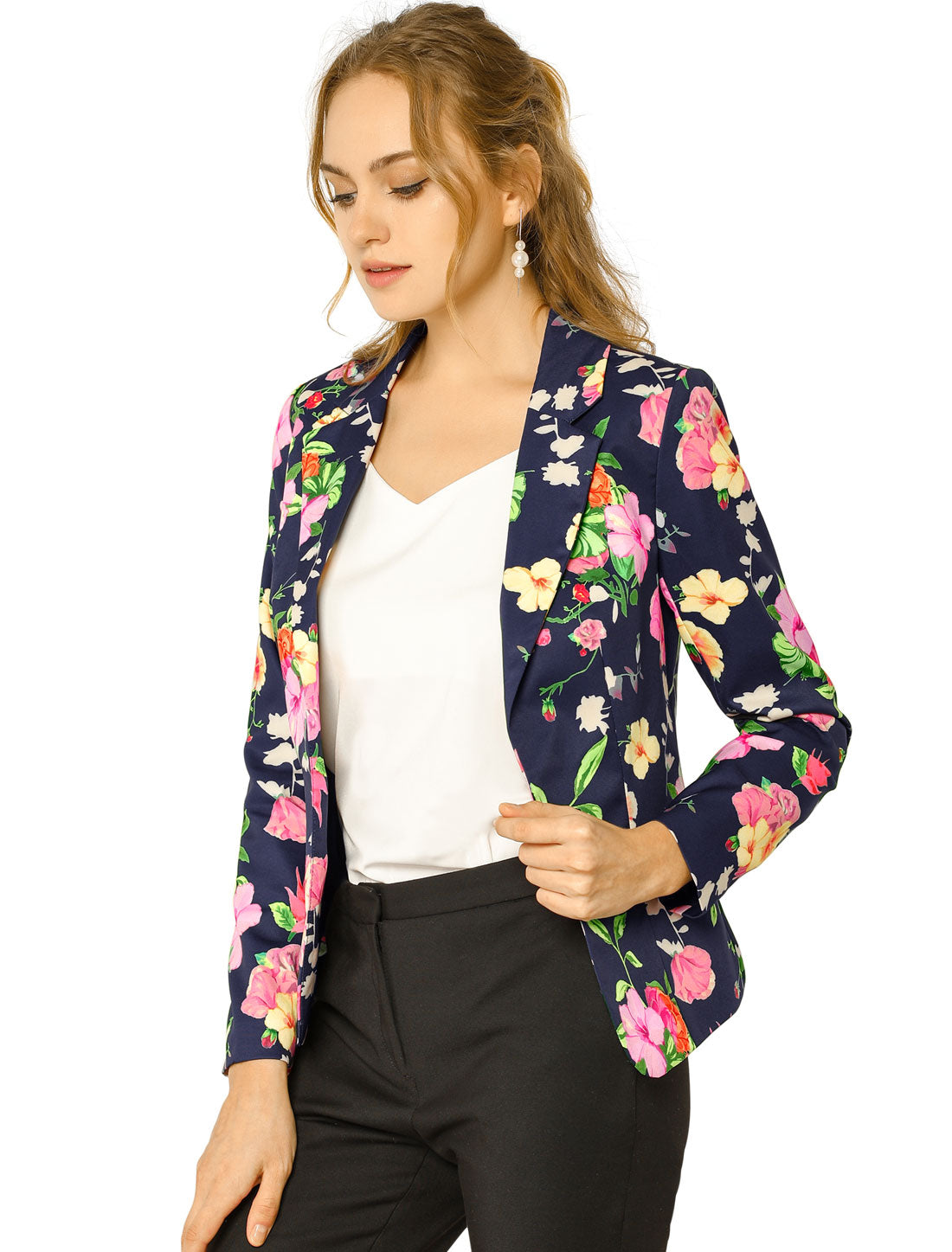 Women's Fitted Blazer Notch Lapel Printed Open Front Suit Jacket (Available in Plus Size)