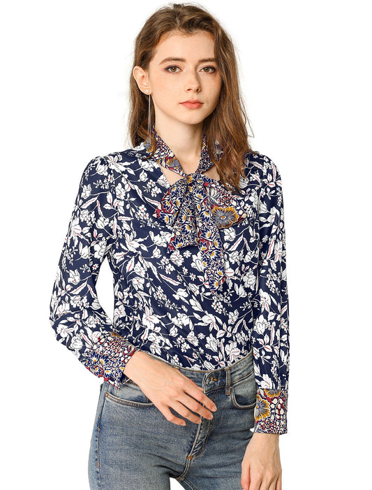 Women's Bow Tie Long Sleeve Floral Blouse