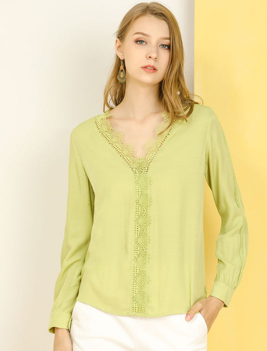 Women's V Neck Casual Sweet Patchwork Crochet Lace Blouse Top