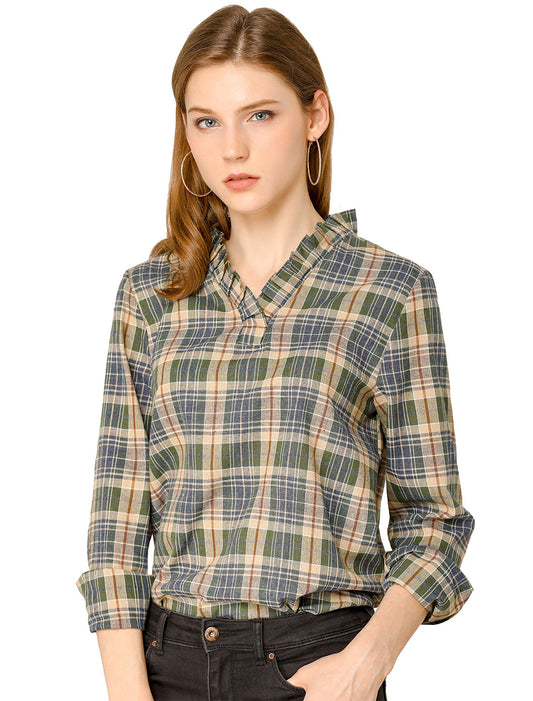 Women's Ruffle Collar Cotton Plaid Long Sleeve V Neck Blouse