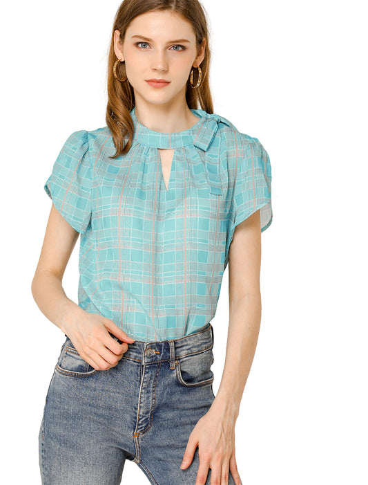 Women's Tulip Sleeve Side Bow Tie Decor Choker Neck Summer Casual Chiffon Plaid Blouse