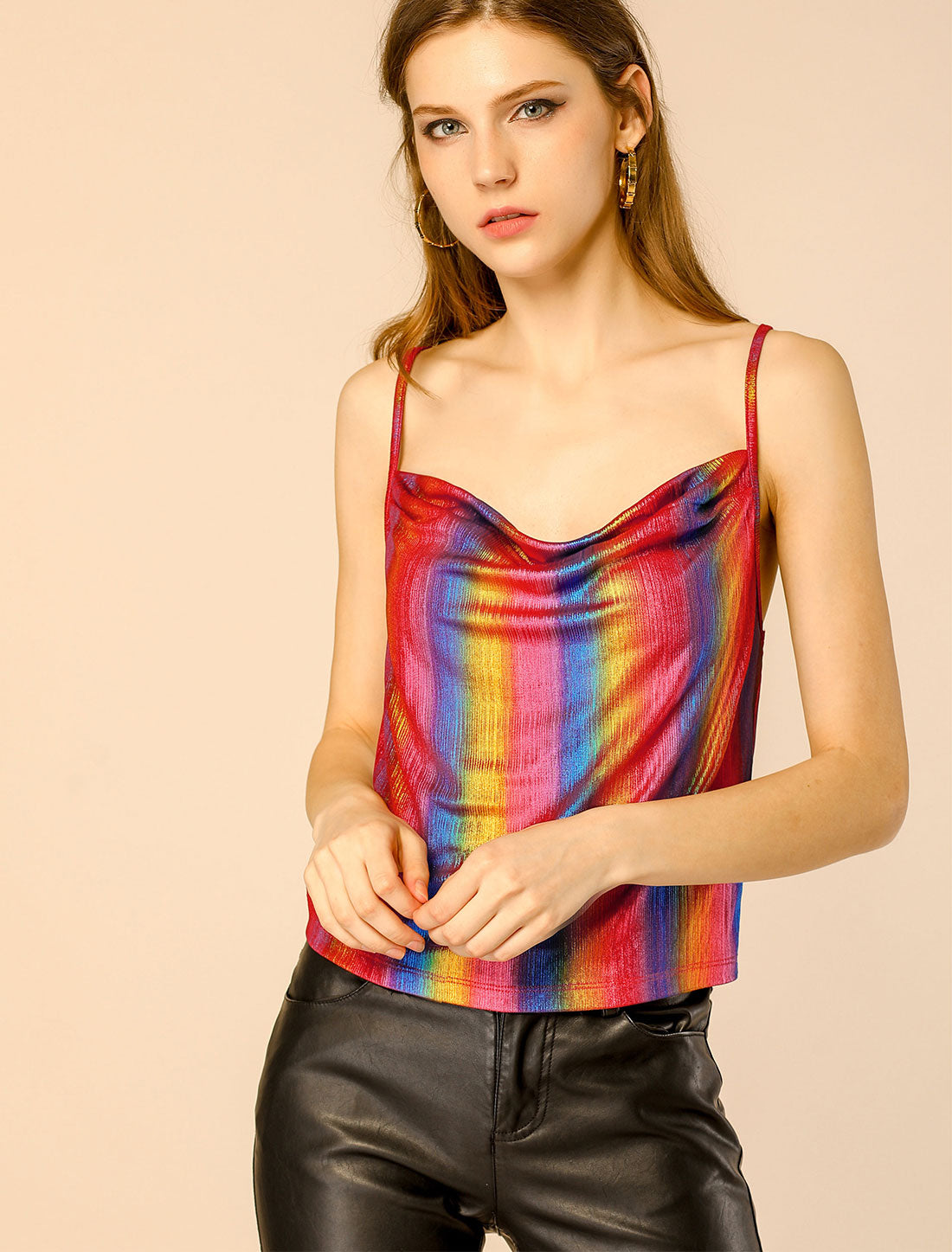 Women's Metallic Glitter Spaghetti Strap Camisole Cowl Neck Sparkly Club Top
