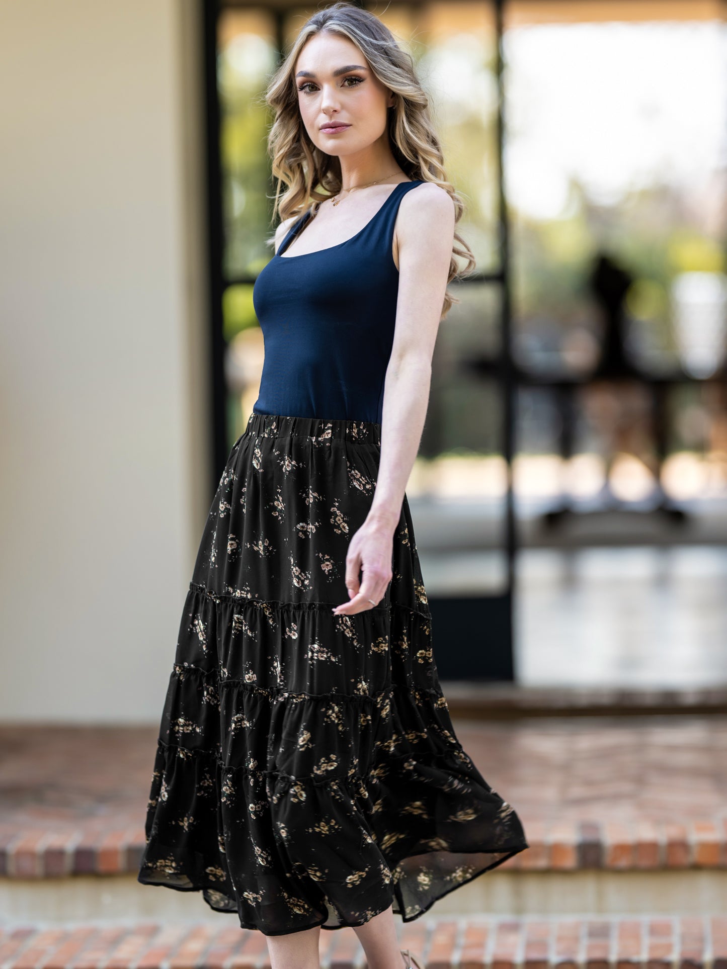 [PACK SALES] Women's 2 Pieces Floral Print Elastic Waist Ruffle Maxi Tiered Skirt