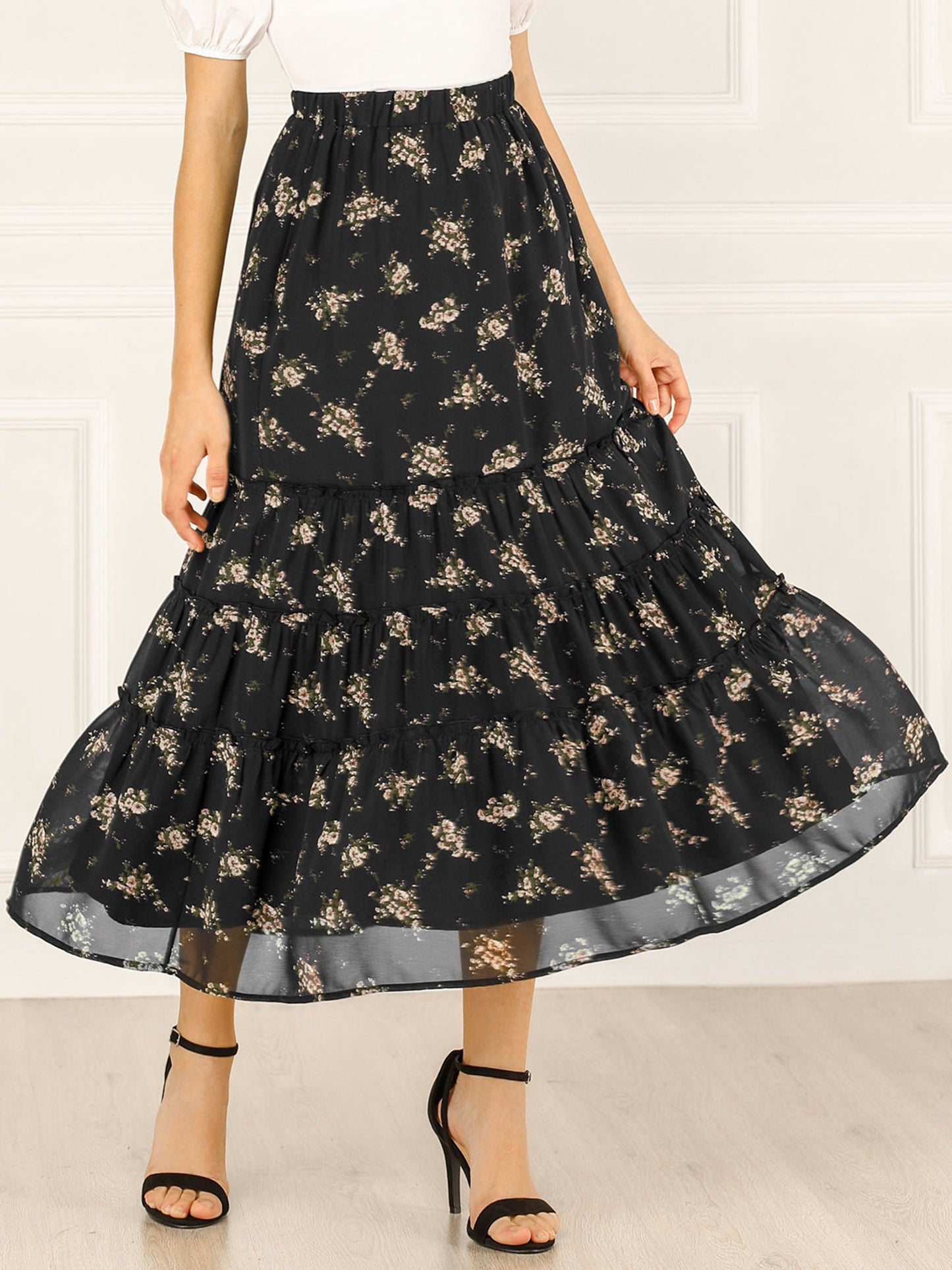[PACK SALES] Women's 2 Pieces Floral Print Elastic Waist Ruffle Maxi Tiered Skirt