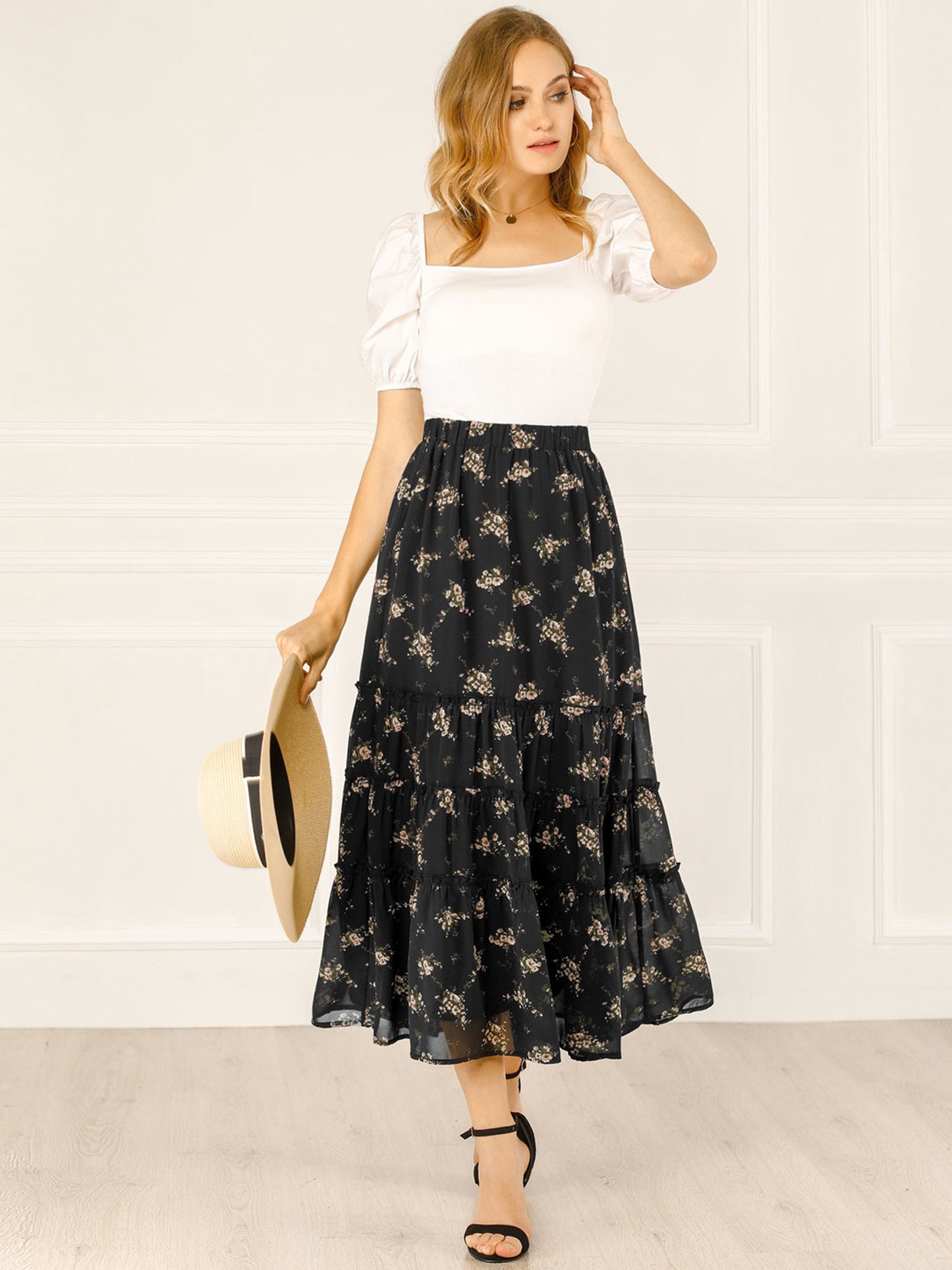 [PACK SALES] Women's 2 Pieces Floral Print Elastic Waist Ruffle Maxi Tiered Skirt