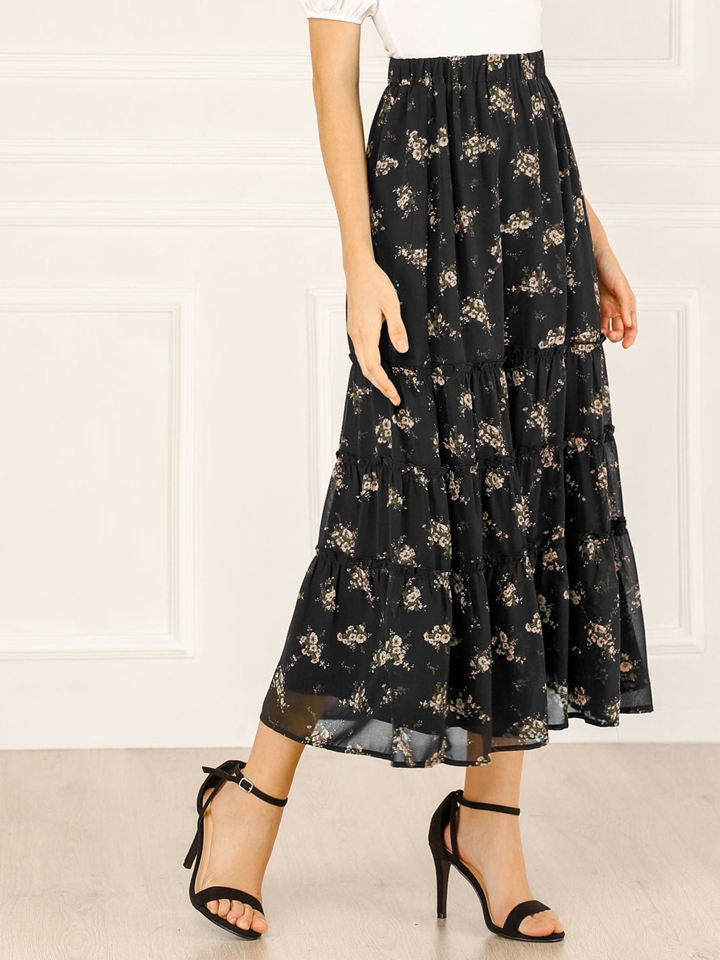 [PACK SALES] Women's 2 Pieces Floral Print Elastic Waist Ruffle Maxi Tiered Skirt