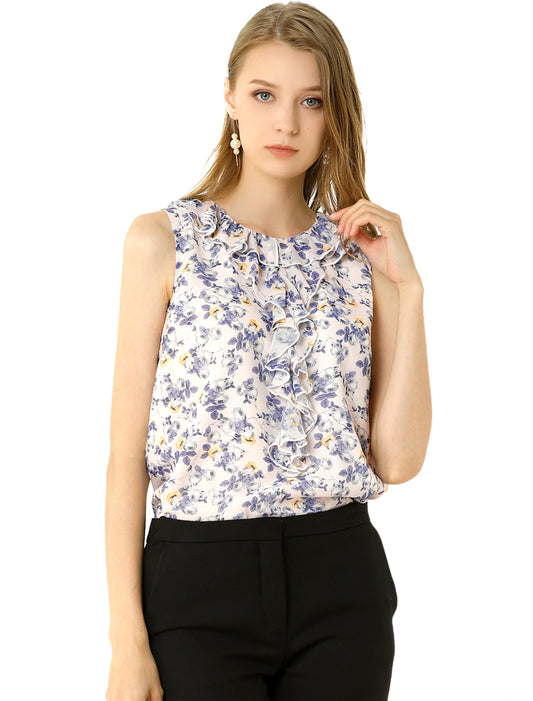 Women's Ruffle Sleeveless Chiffon Floral Top