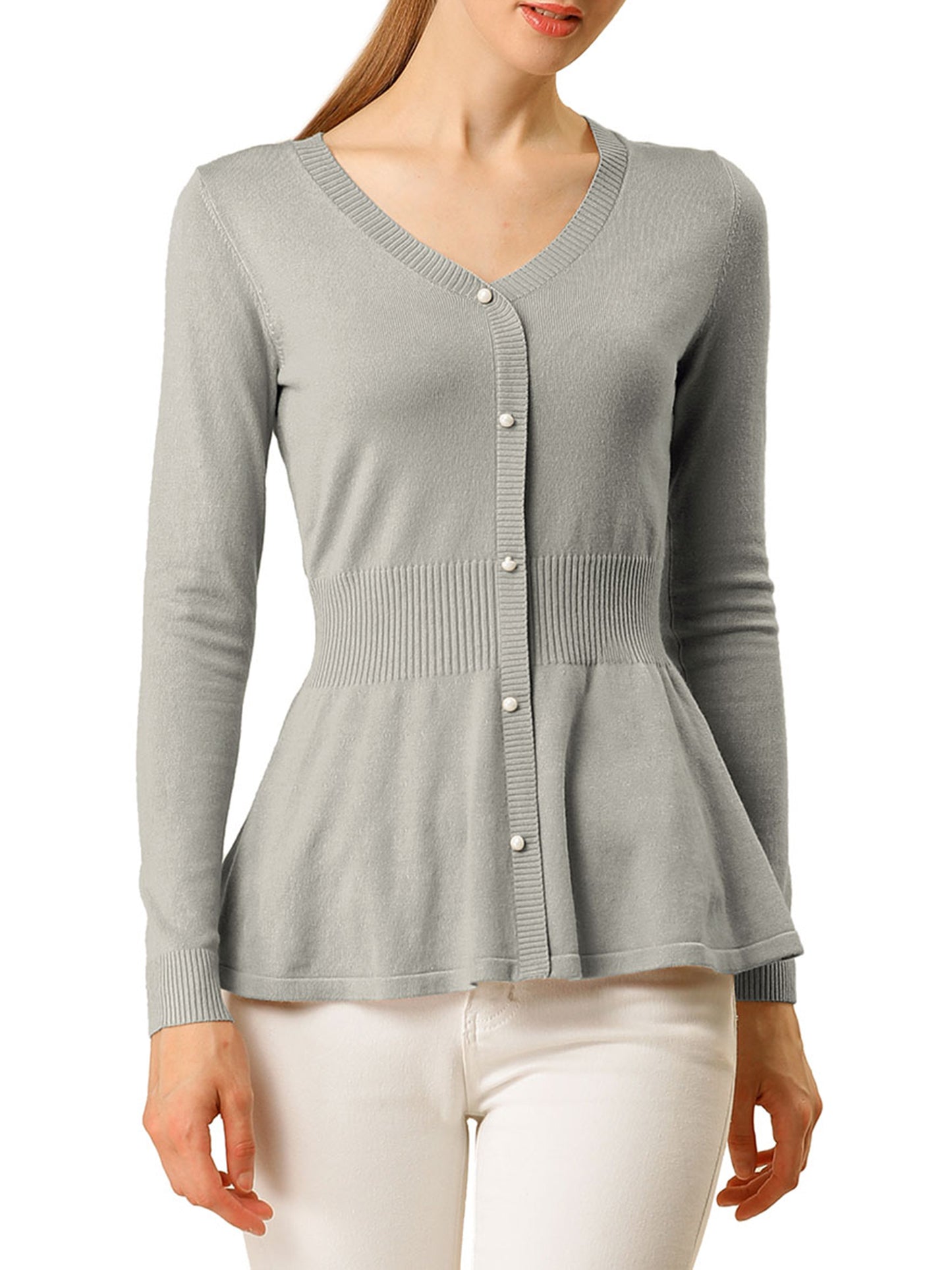 Women's Peplum Sweater V Neck Long Sleeve Knit Cinched Waist tops