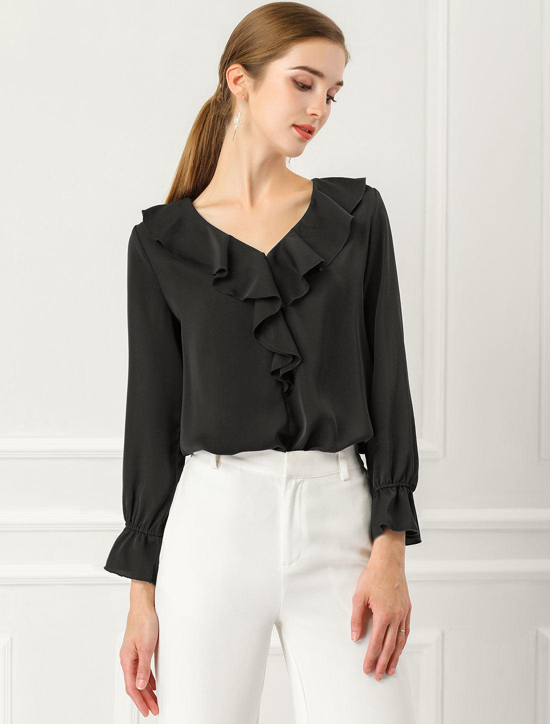 Women's Ruffle Blouse Elegant V Neck Long Sleeve Casual Dressy Top (Available in Plus Size)