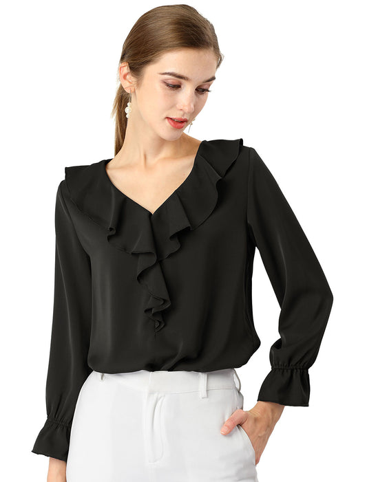 Women's Ruffle Blouse Elegant V Neck Long Sleeve Casual Dressy Top (Available in Plus Size)
