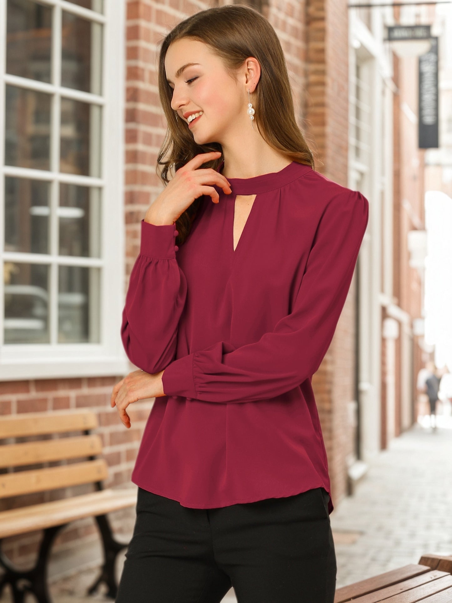 Women's Work Tops Business Casual Shirt Elegant Stand Collar Keyhole Long Sleeve Blouse (Available in Plus Size)
