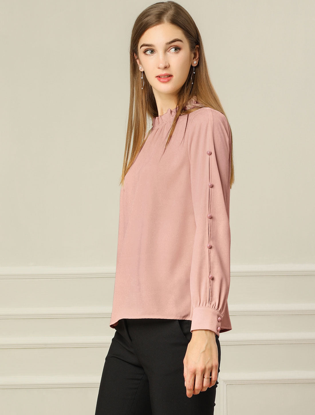 Blusa de gasa para mujer con cuello alto fruncido y cuentas de perlas, manga larga