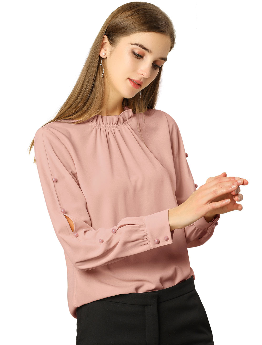 Blusa de gasa para mujer con cuello alto fruncido y cuentas de perlas, manga larga