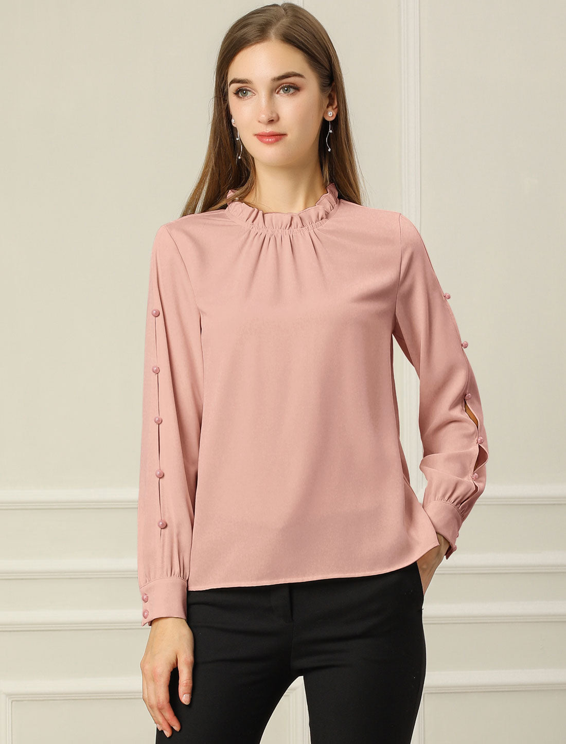 Blusa de gasa para mujer con cuello alto fruncido y cuentas de perlas, manga larga