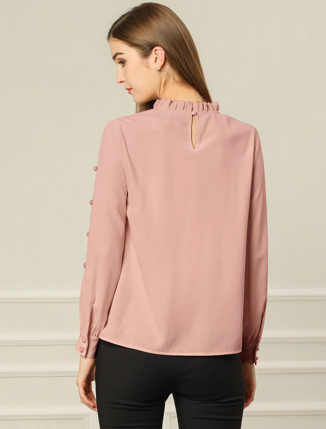 Blusa de gasa para mujer con cuello alto fruncido y cuentas de perlas, manga larga