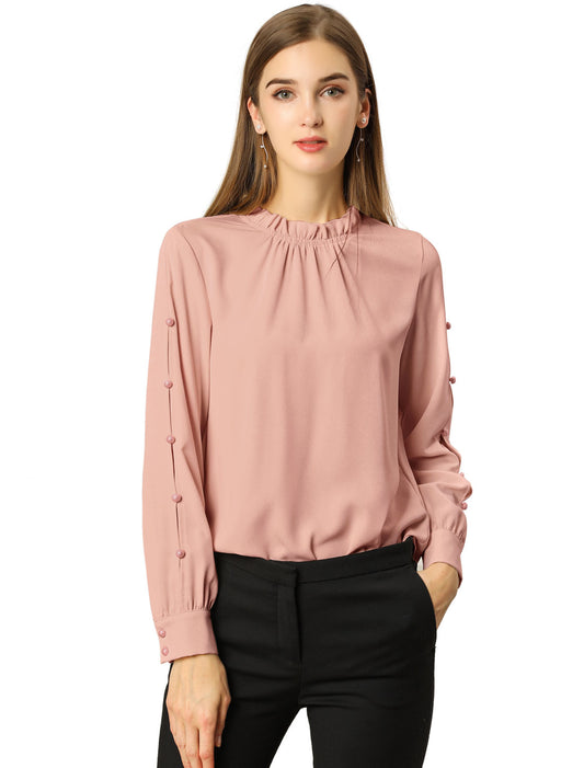 Blusa de gasa para mujer con cuello alto fruncido y cuentas de perlas, manga larga