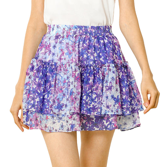 Women's Floral Print Skirt Elastic High Waist Layer Ruffle A-Line Mini Short Skirt