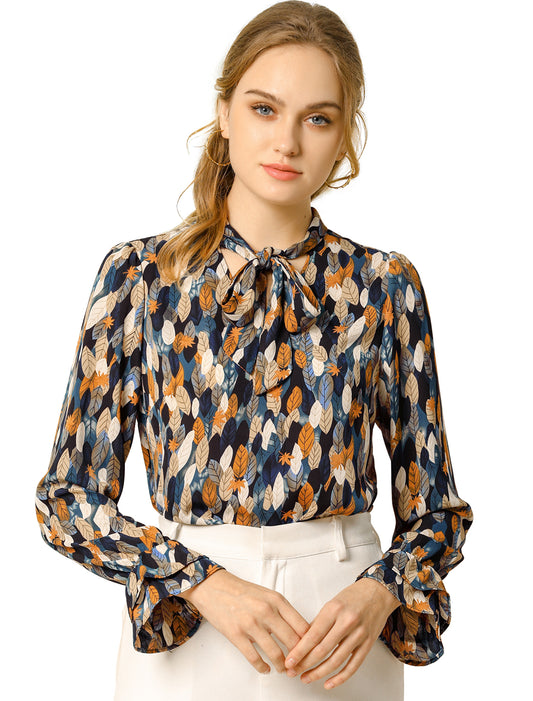 Women's Long Sleeve Blouse Floral Tie Neck Chiffon Ruffle Top (Available in Plus Size)