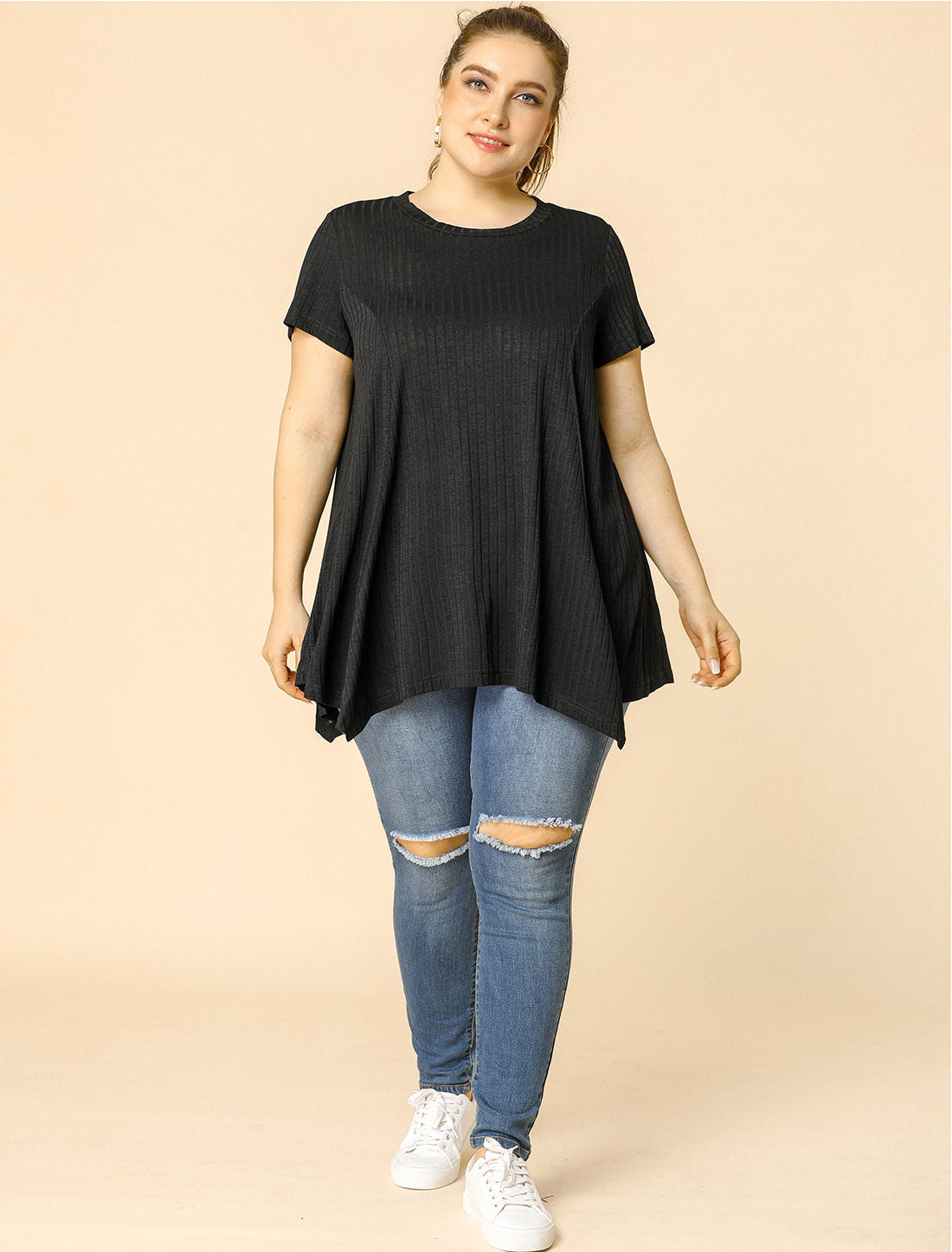 [PACK SALES] Women's Plus Size 2 Pieces Short Sleeve Asymmetrical Hem Round Neck Solid Packs Top