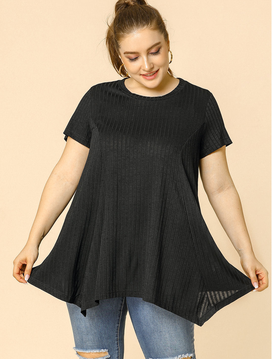 [PACK SALES] Women's Plus Size 2 Pieces Short Sleeve Asymmetrical Hem Round Neck Solid Packs Top