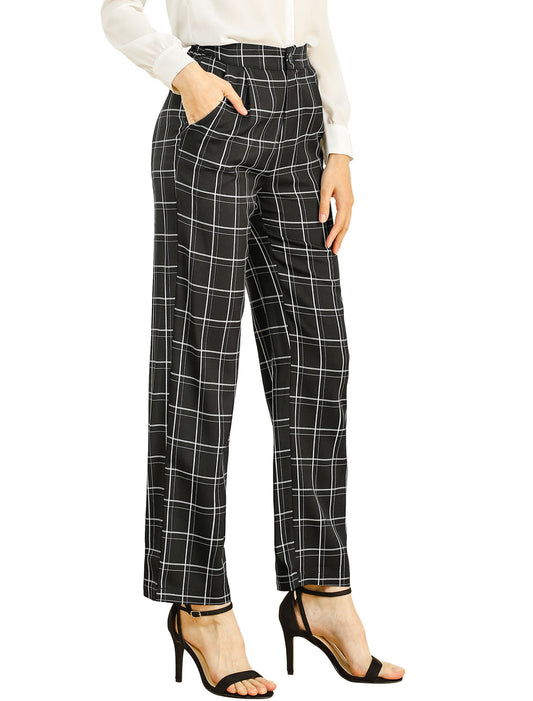 Pantalones a cuadros para mujer, cintura elástica, informales, para trabajo y oficina, largos