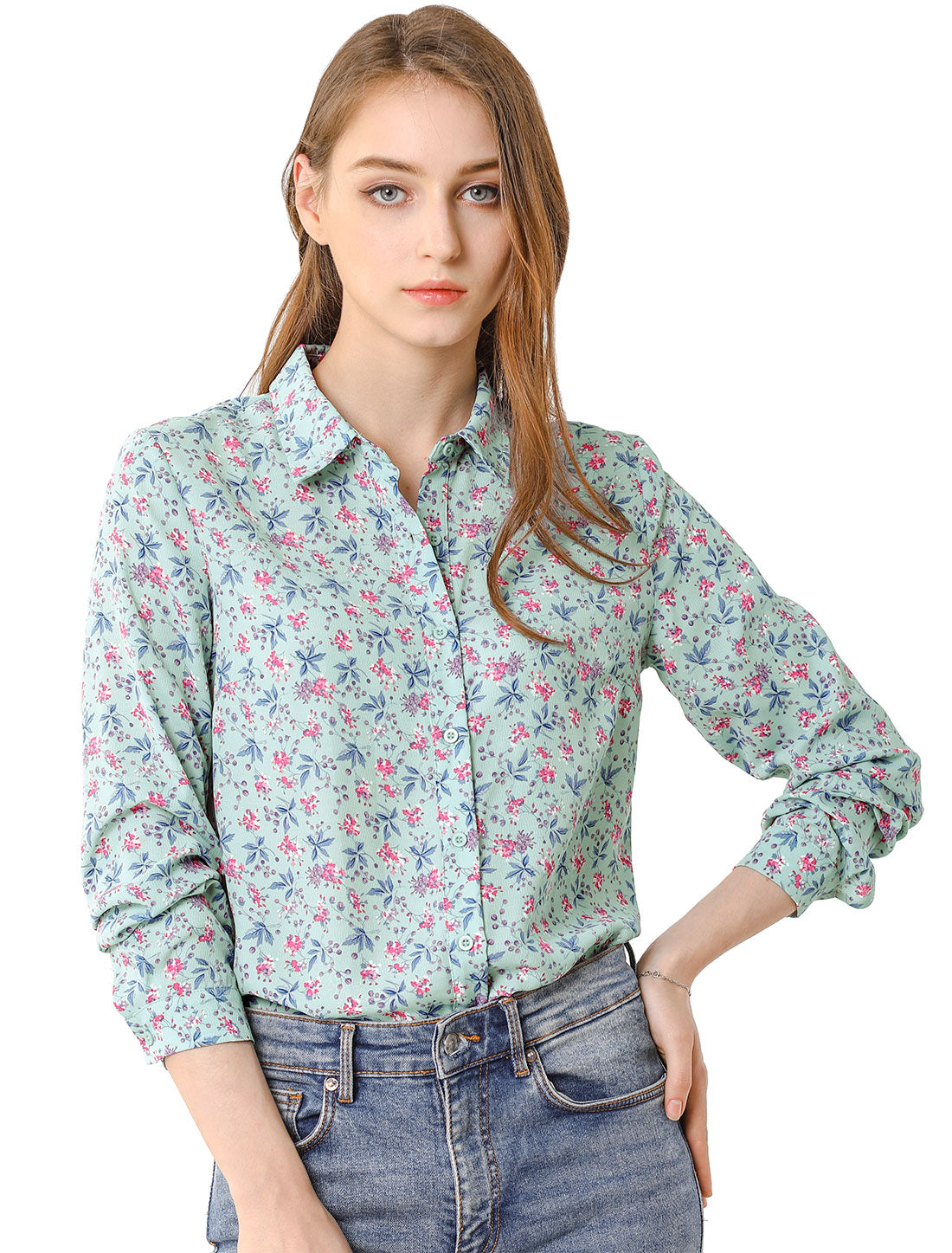 Women's Long Sleeve Button Down Ditsy Floral Shirt (Available in Plus Size)