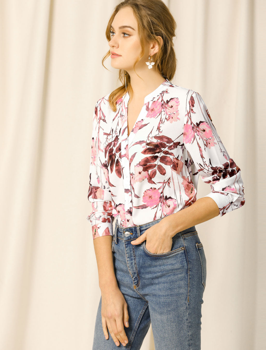 Women's Chiffon V Neck Long Sleeve Tunic Top Floral Button Up Shirt (Available in Plus Size)