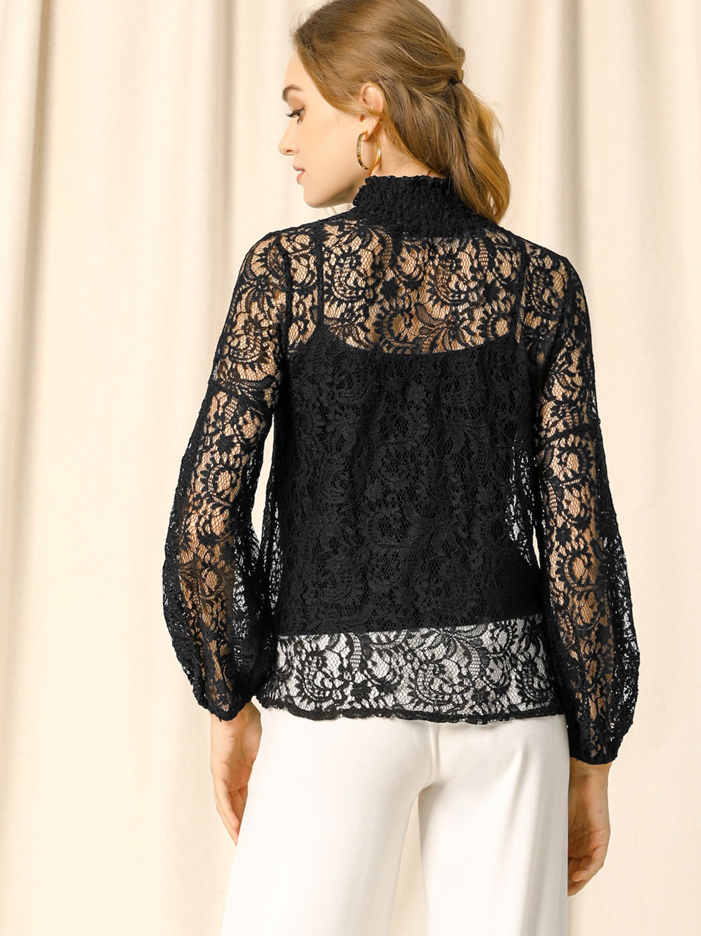 Women's Floral Lace Turtleneck Puff Long Sleeve See Through Sheer Blouse (Available in Plus Size)