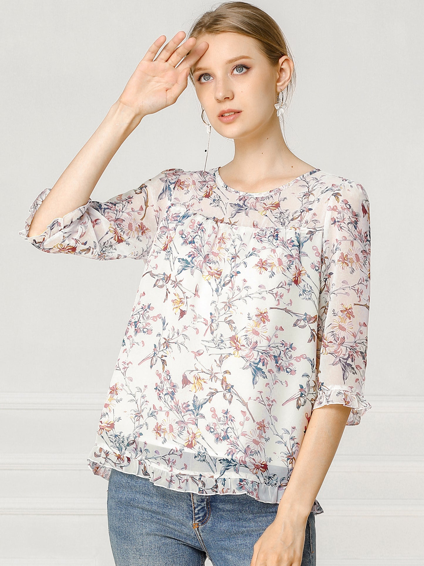 Women's Casual Ruffle 3/4 Sleeve Floral Print Chiffon Blouse (Available in Plus Size)