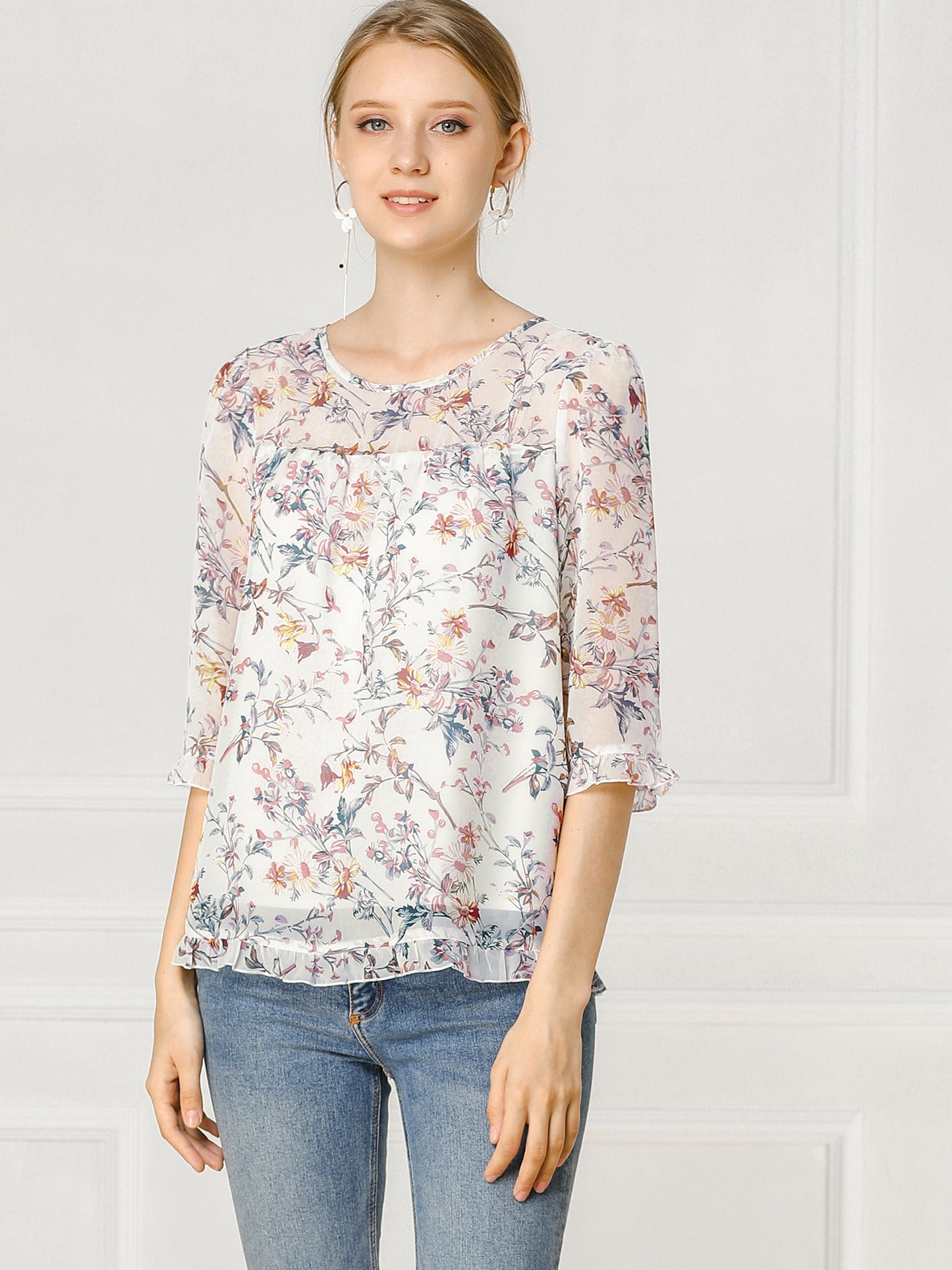 Women's Casual Ruffle 3/4 Sleeve Floral Print Chiffon Blouse (Available in Plus Size)