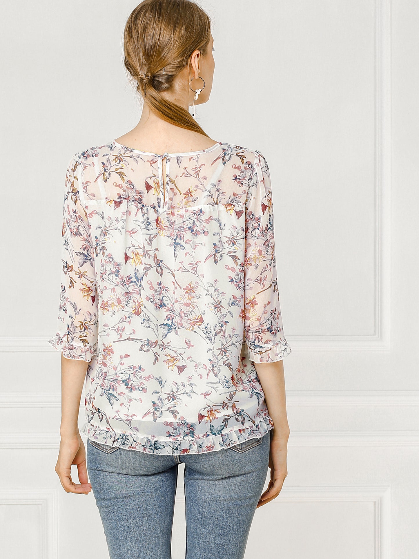 Women's Casual Ruffle 3/4 Sleeve Floral Print Chiffon Blouse (Available in Plus Size)