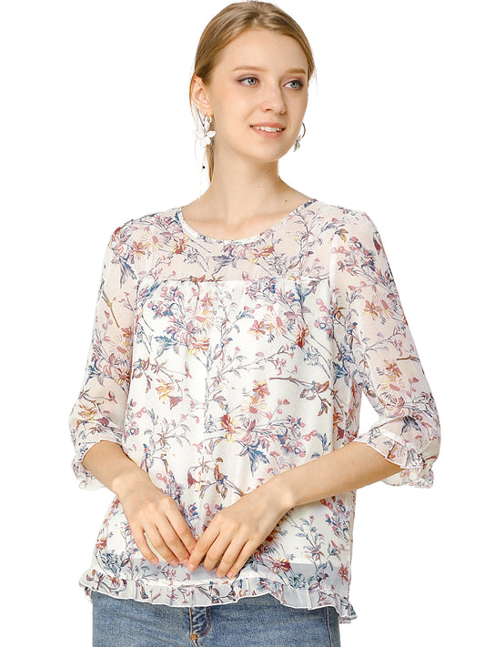 Women's Casual Ruffle 3/4 Sleeve Floral Print Chiffon Blouse (Available in Plus Size)