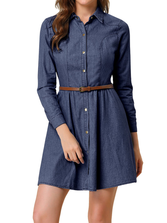 Women's Button Down Belted Pleated Flare A-Line Denim Shirt Dress