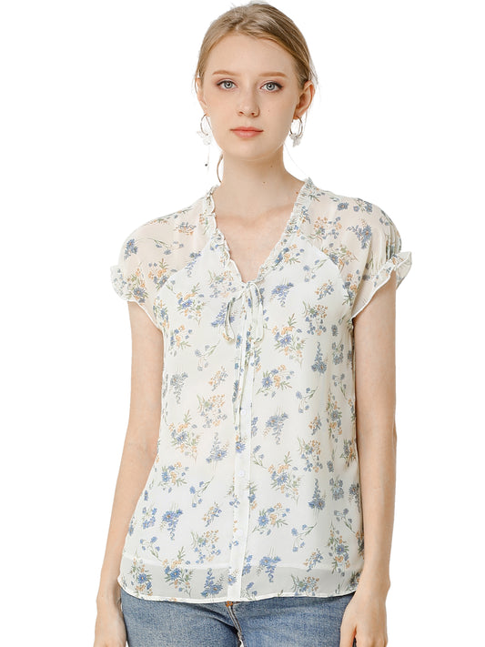 Blusa de gasa con volantes, mangas cortas y cuello en V con estampado floral de verano para mujer