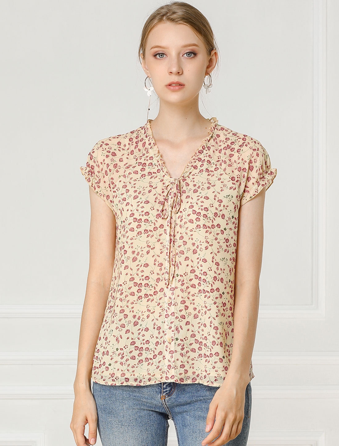 Blusa de gasa con volantes, mangas cortas y cuello en V con estampado floral de verano para mujer