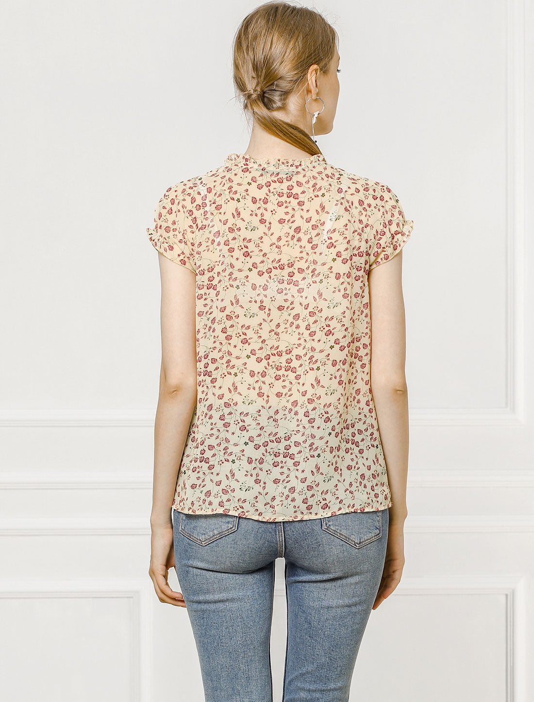 Blusa de gasa con volantes, mangas cortas y cuello en V con estampado floral de verano para mujer