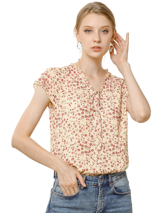 Blusa de gasa con volantes, mangas cortas y cuello en V con estampado floral de verano para mujer