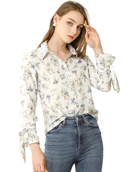 Women's Button Down Floral Long Sleeves Point Collar Shirt