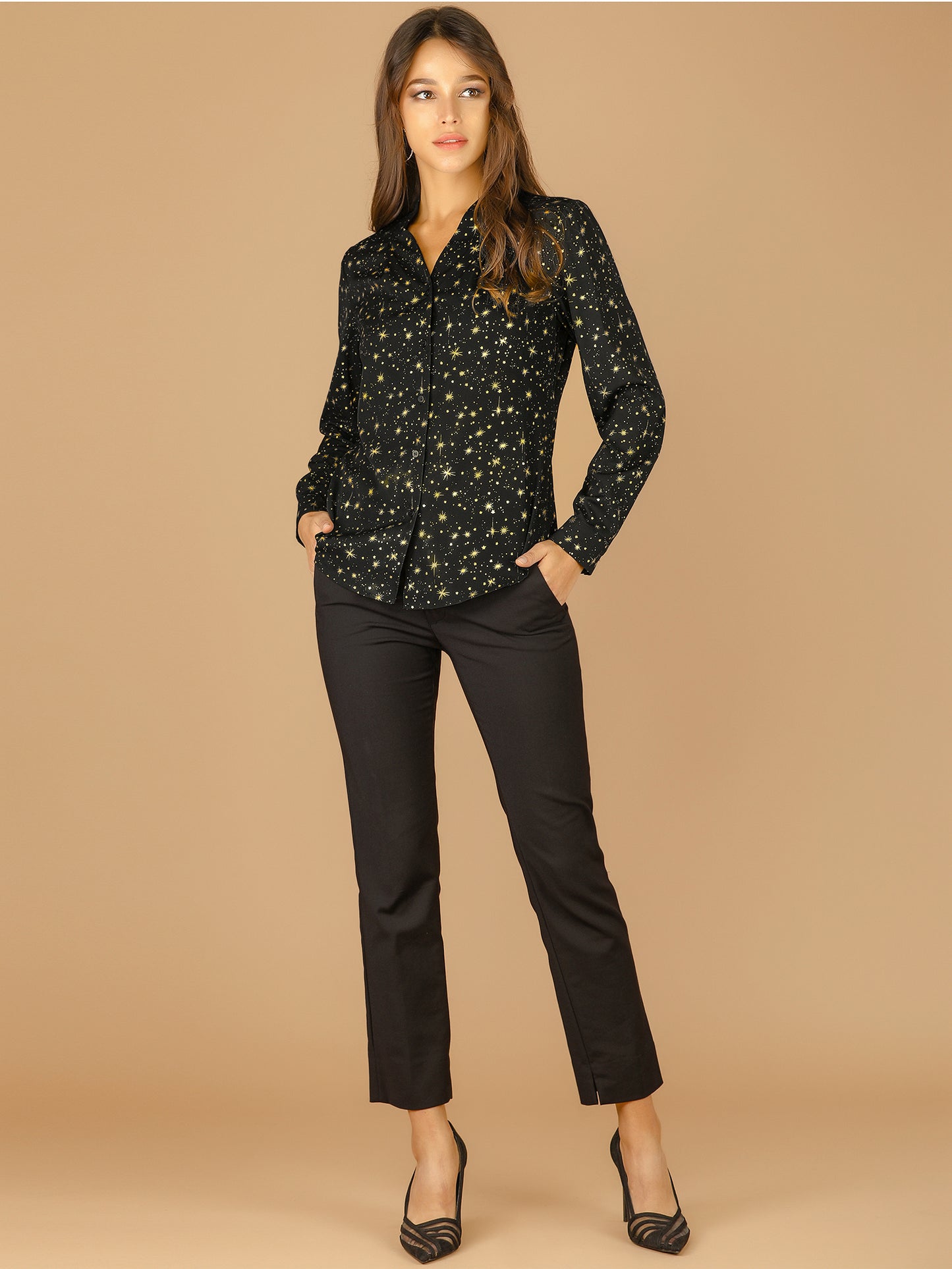 Women's Metallic Patterned V Neck Long Sleeve Gilding Sparkly Shirt (Available in Plus Size)