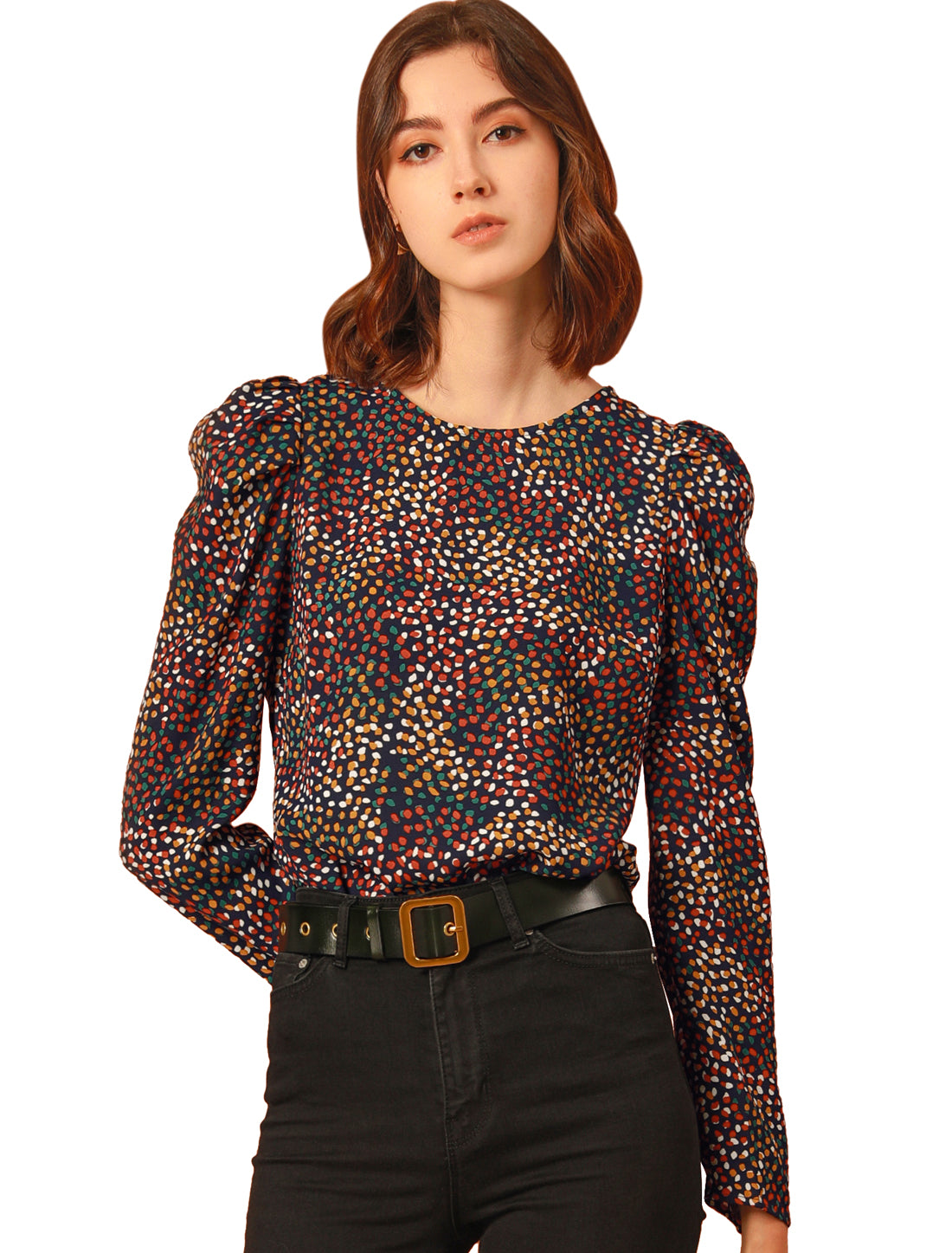Women's Puff Long Sleeve Round Neck Puffy Chiffon Blouse Top