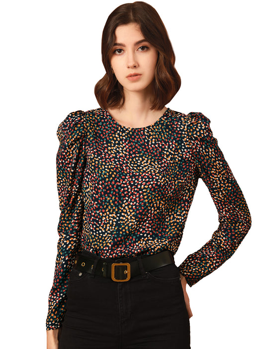Women's Puff Long Sleeve Round Neck Puffy Chiffon Blouse Top