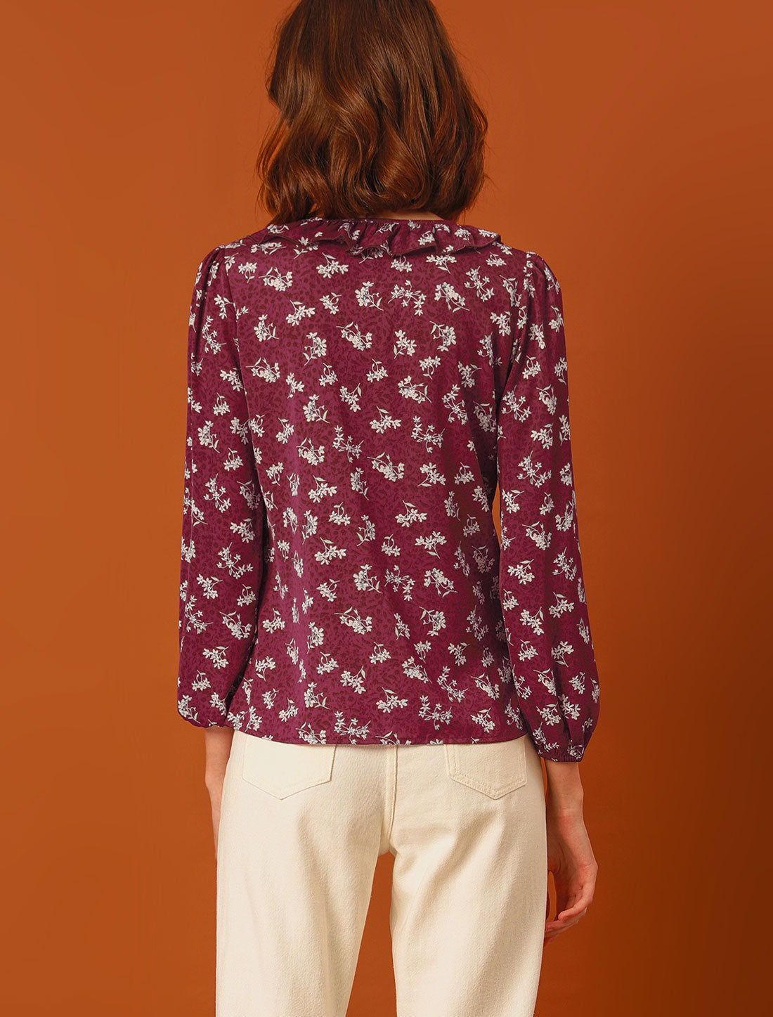 Women's Floral Tie V Neck Ruffle Blouse Top