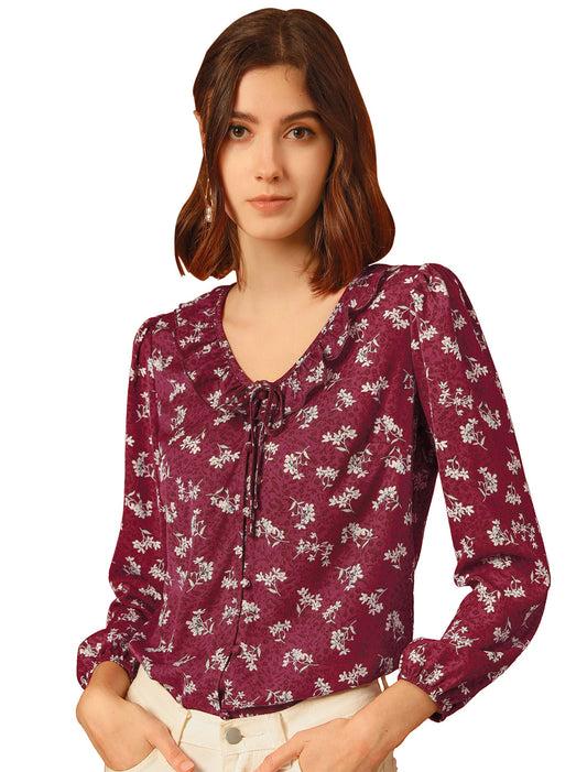Women's Floral Tie V Neck Ruffle Blouse Top