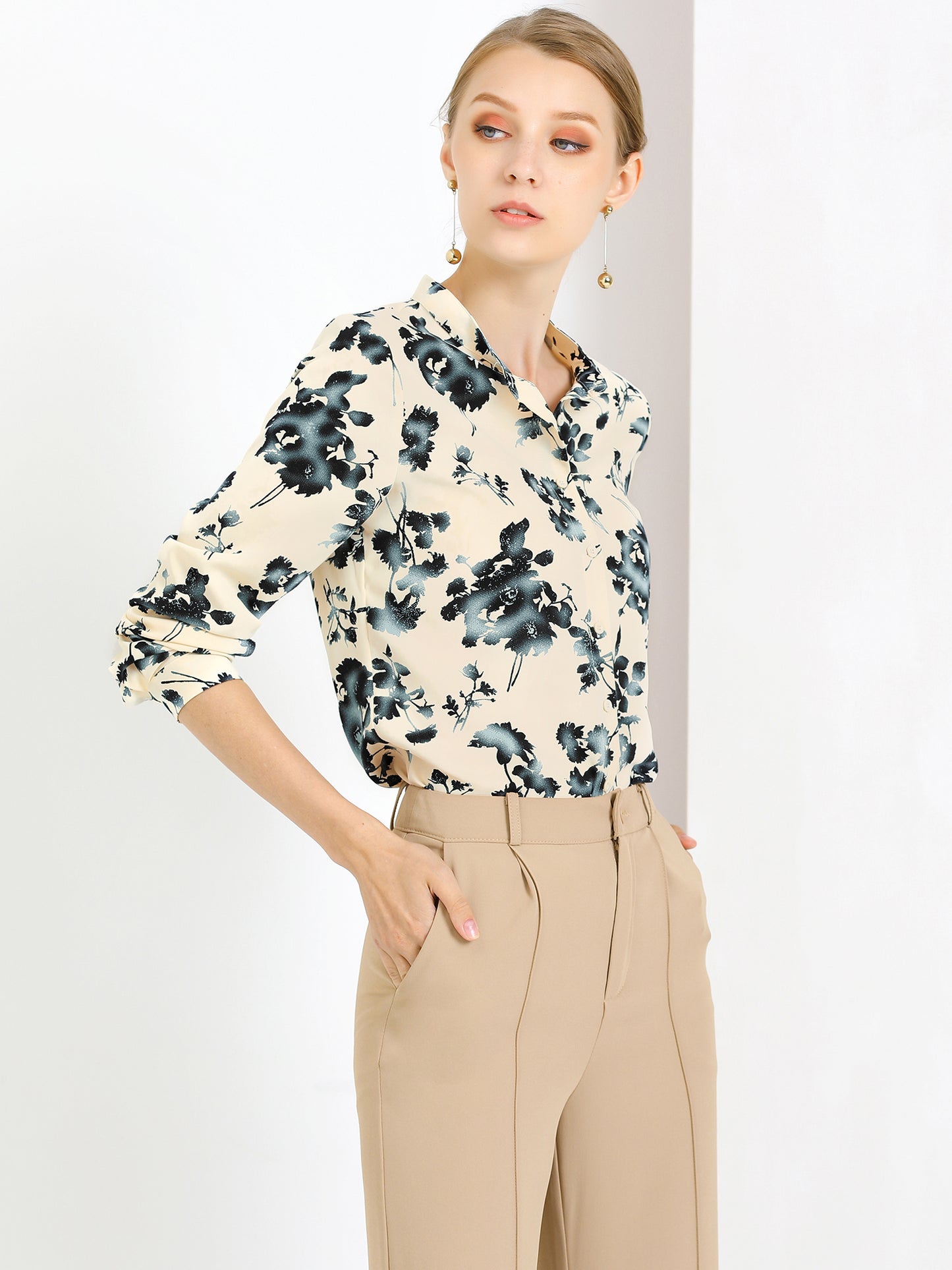 Women's Turn Down Collar Button Up Floral Work Office Shirt